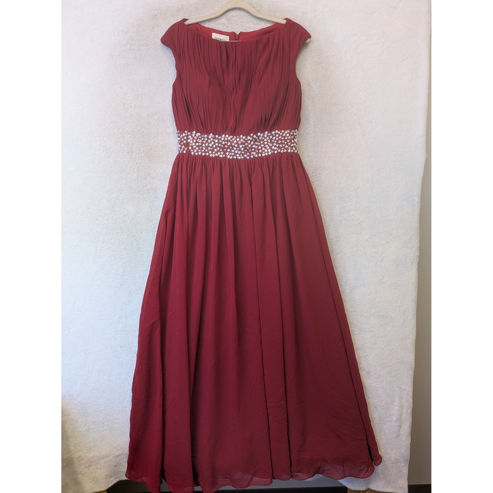 Izidress Gown Women's Size L Red Sequin Waist Pleated Chiffon Maxi Evening Dress
